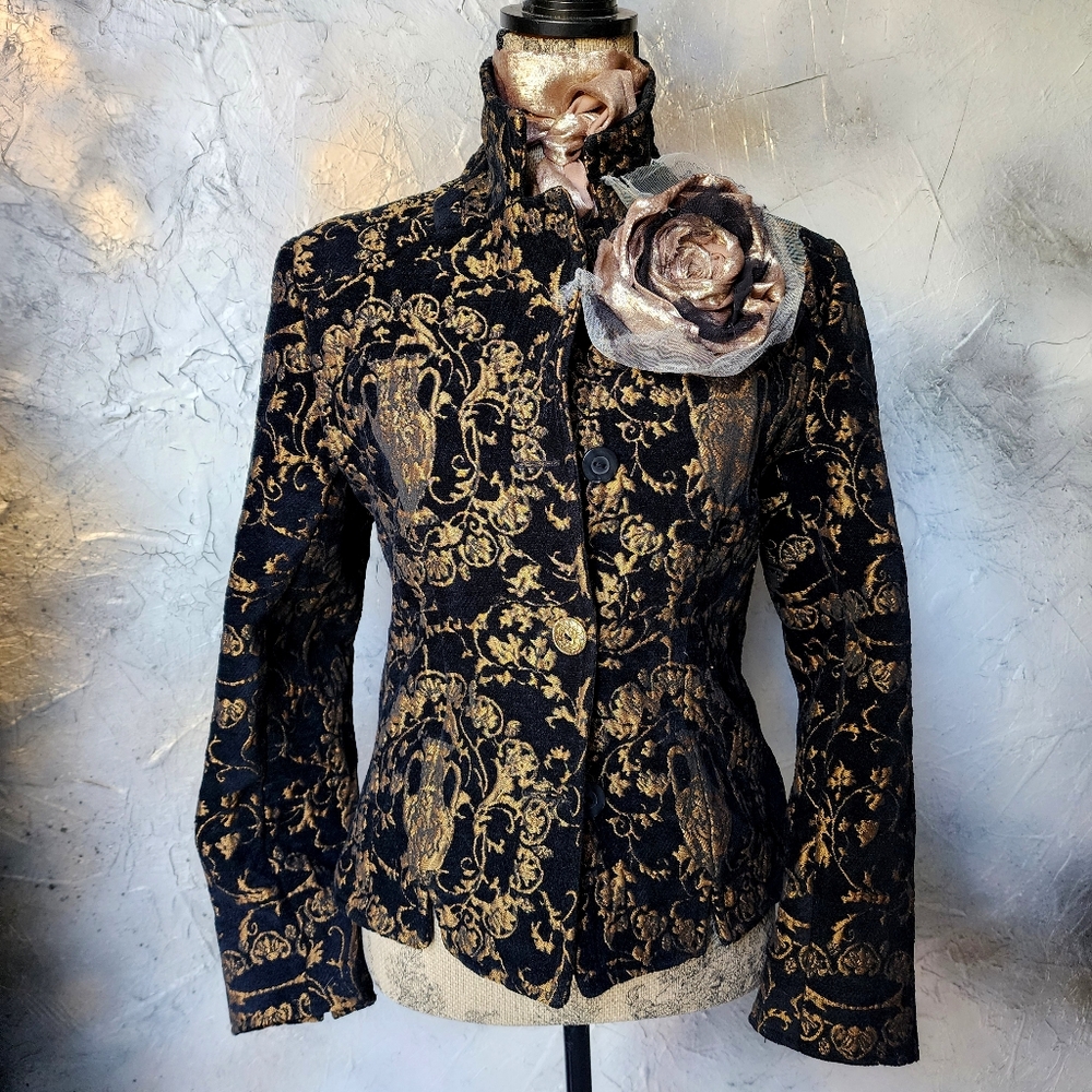 Designer Jacket Boho Baroque European Velvet Large 3D Tulle/Silk Rose Gold Jabot